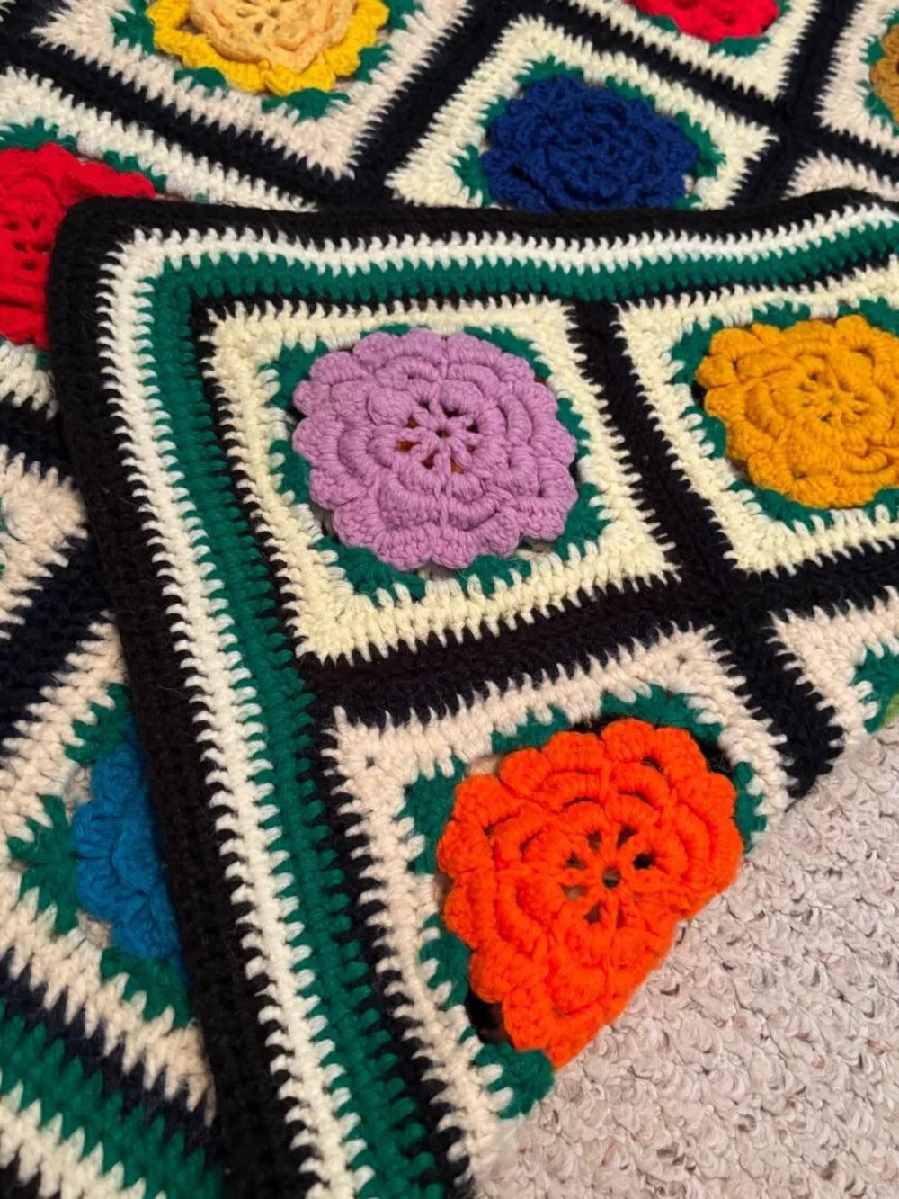 Handmade Crochet Afghan Blanket With 3D Floral Squares Multicolor Design Large T